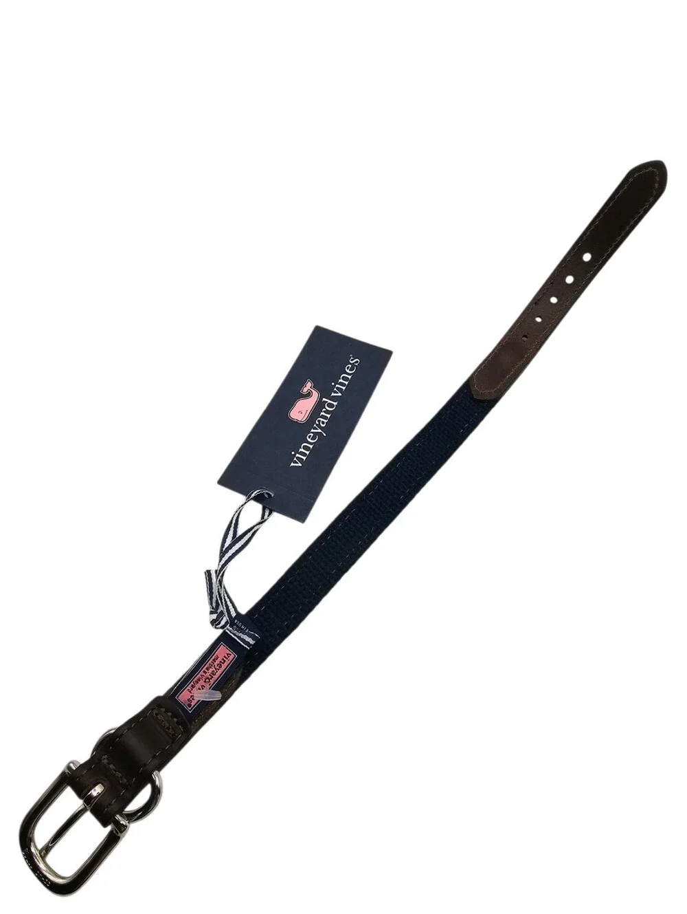 Vineyard Vines Leather Canvas Dog Collar Whale Print Blue NWT